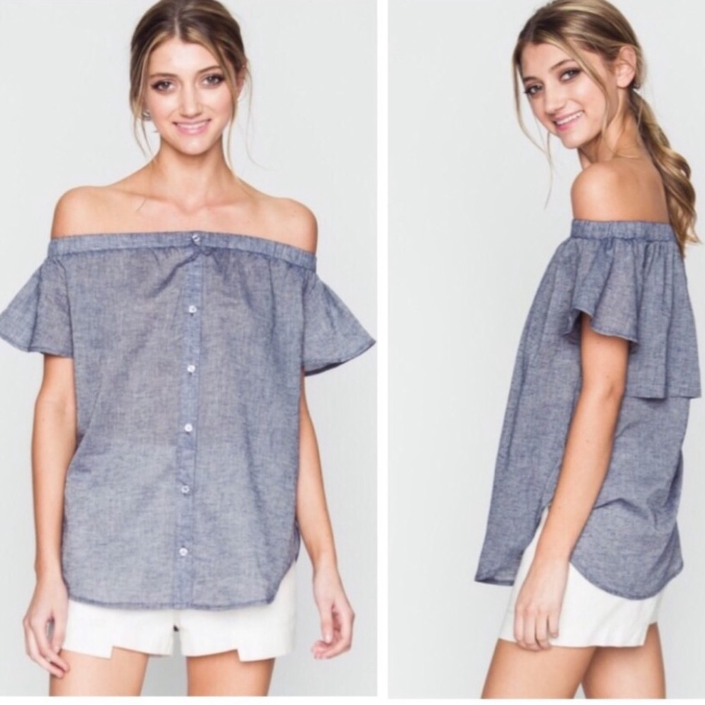 Chambray Off the Shoulder Tunic Blouse Medium NWOT